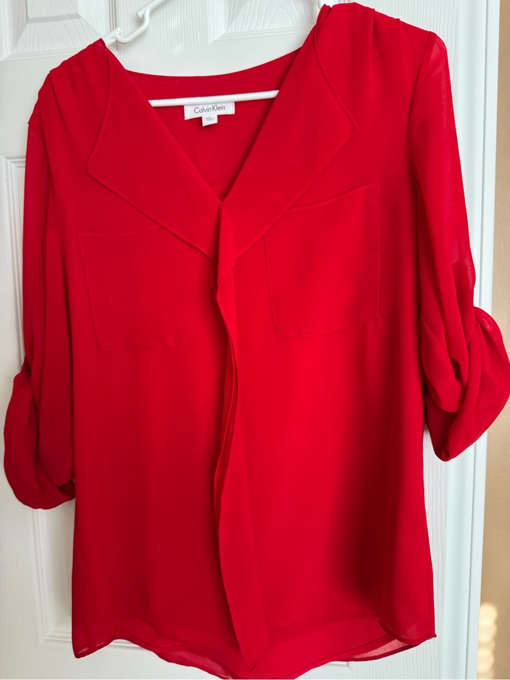 Calvin Klein Bold Red V-Neck Blouse with Roll-Tab Sleeves